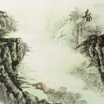 Chinese traditional ink painting, landscape of season, spring.