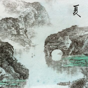 Chinese traditional ink painting, landscape of season, summer.