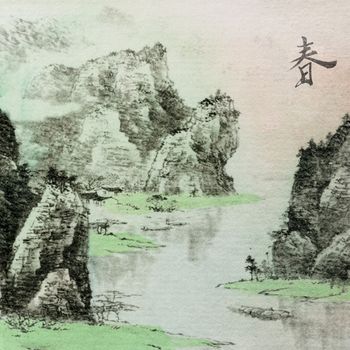 Chinese traditional ink painting, landscape of season, spring.