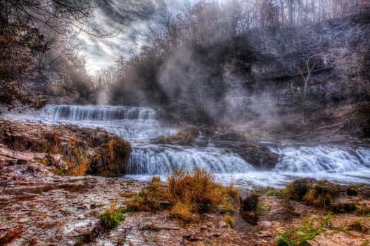 Colorful scenic river and powerful waterfall in HDR