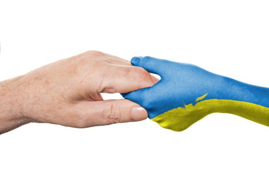 Two hands and Ukrainian flag. Old and young hands