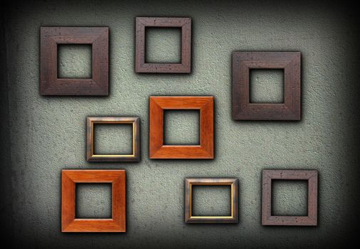 backdrop for your pictures design, large number of colorful wood frames on green wall