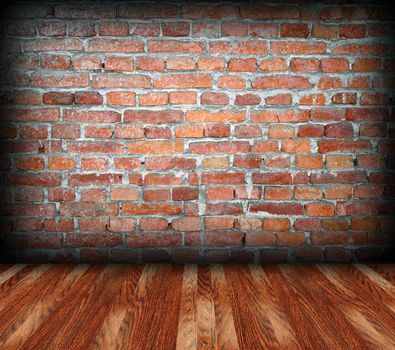 grungy brick wall backdrop and mahogany wood floor backdrop for your design