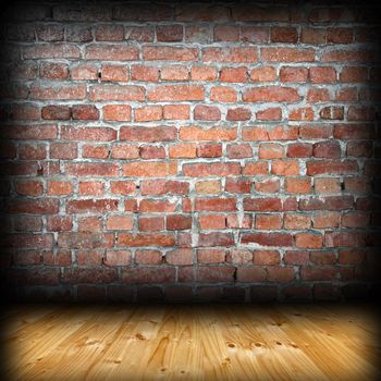 indoor architectural backdrop with brickwork on wall and wood floor