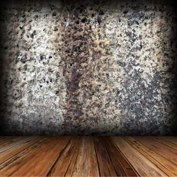 mahogany floor and ancient weathered wall backdrop 