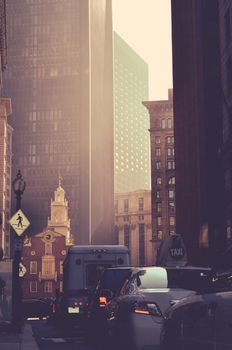 Retro Style Busy Downtown Traffic And Tall Skyscrapers In Boston USA