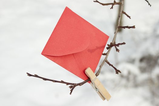 Red envelope pinned to a tree branch with snowy background.