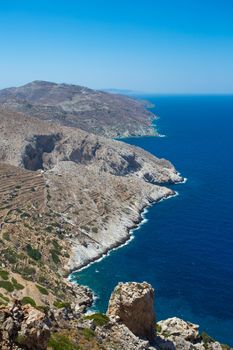 Panoramic view of the  seashore of Crete, Agricultural terraces  and a view of the peaceful aegean sea, Greece 2013.