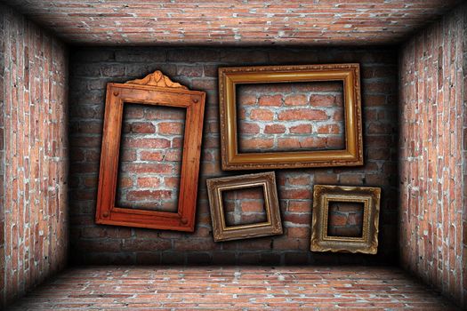 vintage room interior backdrop with ancient empty wood frames ready for your design