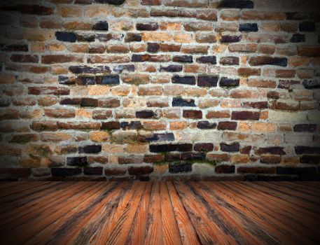 wood planks floor on cracked indoor architectural backdrop