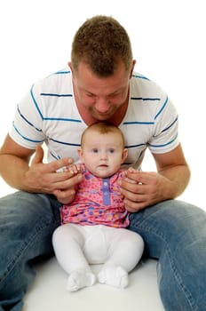 Happy and smiling baby and father. The baby 3 month old. Isolated on a white background.