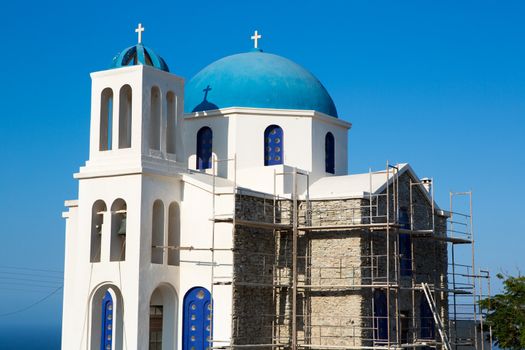 Agios Ioanis Prodromos Church, Ano Mera, Pano Meria Village, Folegandros, Cyclades Islands. Gorgeous blue and white orthodox  church.  These churches are scattered across the tiny island, often in incredibly remote and uninhabited areas of the island. Greece, 2013.