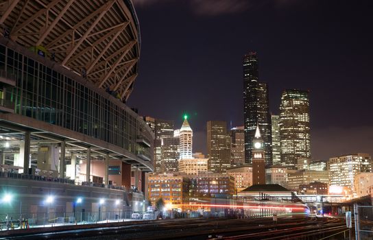 Office lights come up as natural light goes down in Seattle