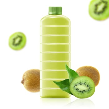 kiwi juice in a plastic container jug with fresh kiwi and leaves on a white background.