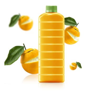 Orange juice in a plastic container jug with fresh orange and leaves on a white background.