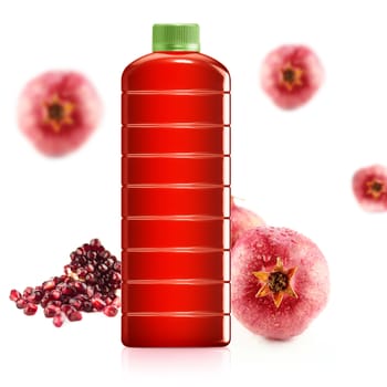 Pomegranate juice in a plastic container jug on a white background.