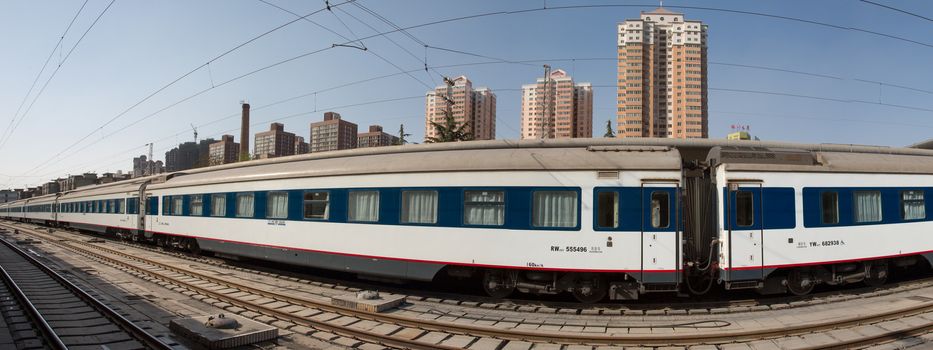 CHINA, XIAN, APRIL 14: Panoramic view of the train going from Shanghai to Lhasa. The train station seems to be the one from Xian, China, 2013