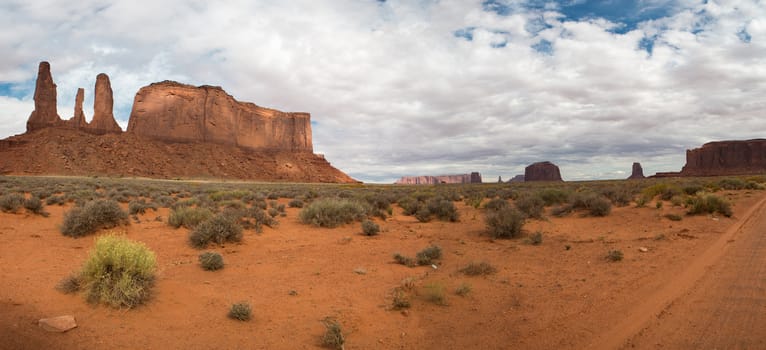 Panoramic view of monument valley with clouds