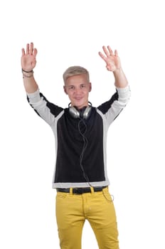 Man with headphones raising his hands up