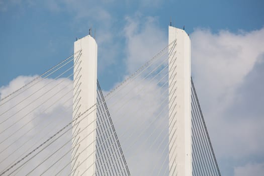 Detail of a suspension bridge with chinese inscriptions in Shanghai, China 2013