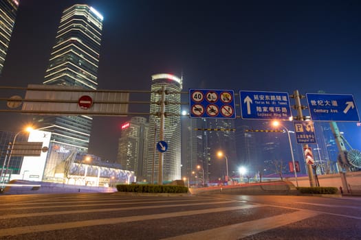 View of the the buildings located in Pudong at night, taken with long time exposure.