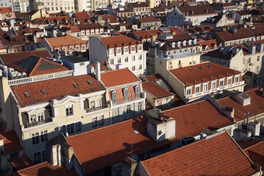 Bird's-eye view on Lisbon downtown. Residential district and Rossio station, Portugal.