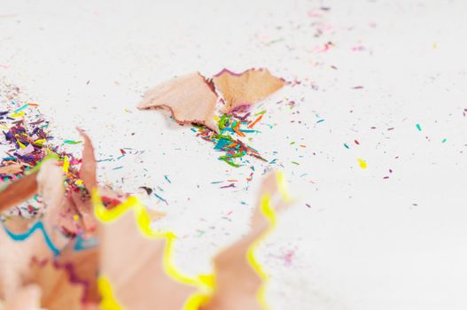 Macro shot: shavings of colored pencils, shallow depth of field