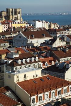 Bird's-eye view on Lisbon downtown. Residential district and Rossio station, Portugal.