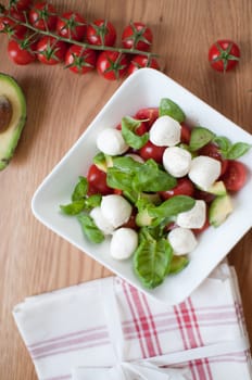 Vegetarian salad from tomatoes, basil and avocado