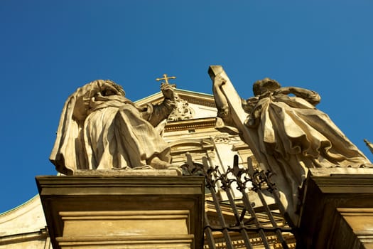 Church in Krakow Old town disctrict with clear and blue sky