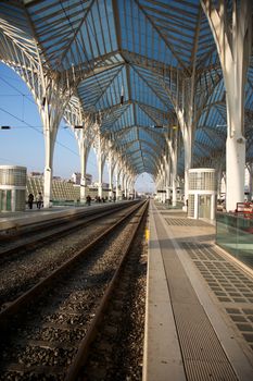 Oriente Station with train detail at Lisbon (Portugal) expo area.
Gare do Oriente is one of the main transport hubs. It was designed by Santiago Calatrava and built by Necso.