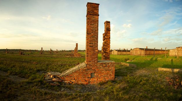 Demolished houses in Auschwitz Birkenau concentration camp