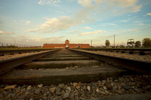 Train track arriving in Auschwitz Birkenau concentration camp