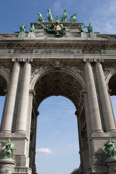 The Triumphal Arch (Arc de Triomphe) in the Cinquantenaire park in Brussels. Built in 1880 for the 50th anniversary of Belgium.