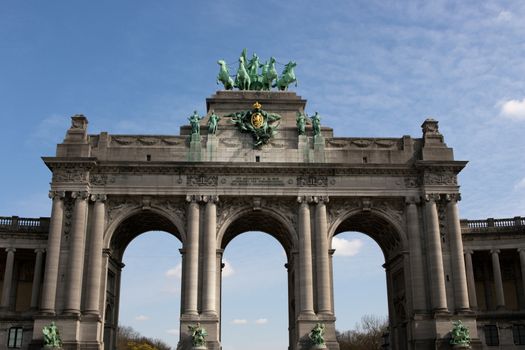 The Triumphal Arch (Arc de Triomphe) in the Cinquantenaire park in Brussels. Built in 1880 for the 50th anniversary of Belgium.