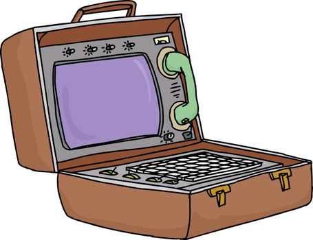 Vintage briefcase computer with phone on white background