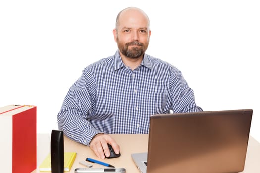 A handsome man with a beard in his office isolated on white background