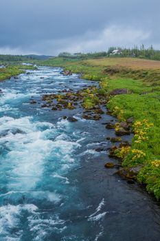 Summer Iceland landscape with big mountain river. Vertical view