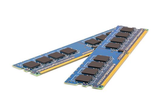 Pair of computer DDR memory modules isolated on white background with clipping path