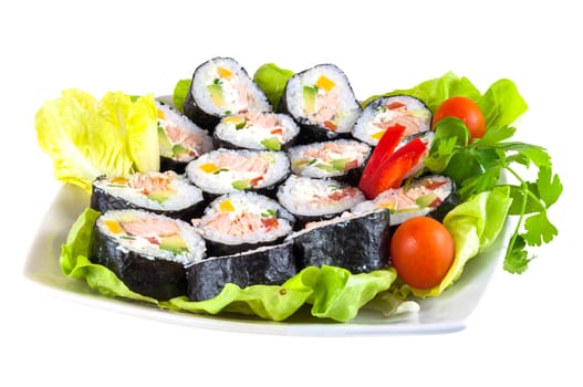 Decorated plate of sushi isolated on white background with clipping path