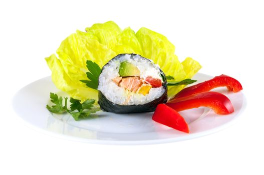 One piece of sushi on decorated plate isolated on white background with clipping path