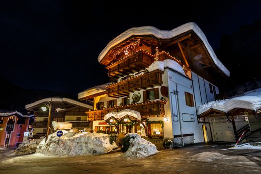 Illuminated Street of Madonna di Campiglio at Night, Italian Alps, Italy