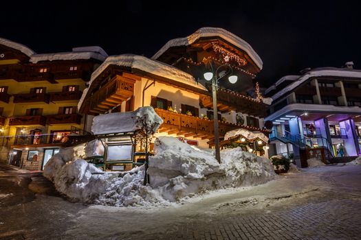 Illuminated Street of Madonna di Campiglio at Night, Italian Alps, Italy