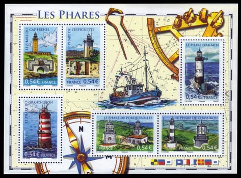 FRANCE - CIRCA 2007: A souvenir sheet printed in France shows french lighthouses, circa 2007