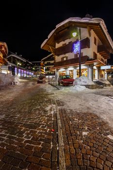 Illuminated Street of Madonna di Campiglio at Night, Italian Alps, Italy