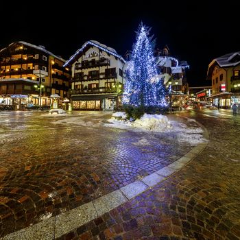 Illuminated Central Square of Madonna di Campiglio in the Evening, Italian Alps, Italy