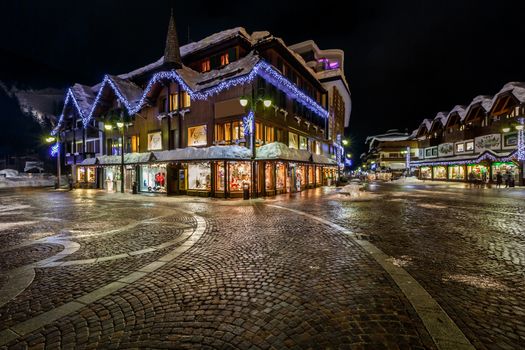 Illuminated Central Square of Madonna di Campiglio in the Evening, Italian Alps, Italy