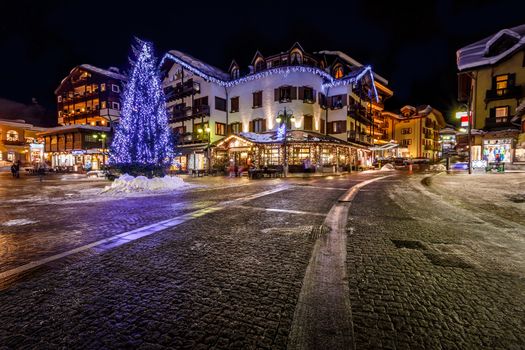 Illuminated Central Square of Madonna di Campiglio in the Evening, Italian Alps, Italy