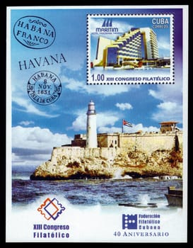 Cuba - CIRCA 2004: A souvenir sheet printed in Cuba shows lighthouse in Cuba, circa 2004