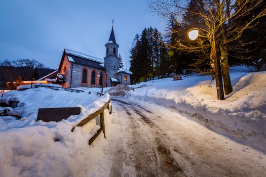 Church in the Village of Madonna di Campiglio in the Morning, Italian Alps, Italy